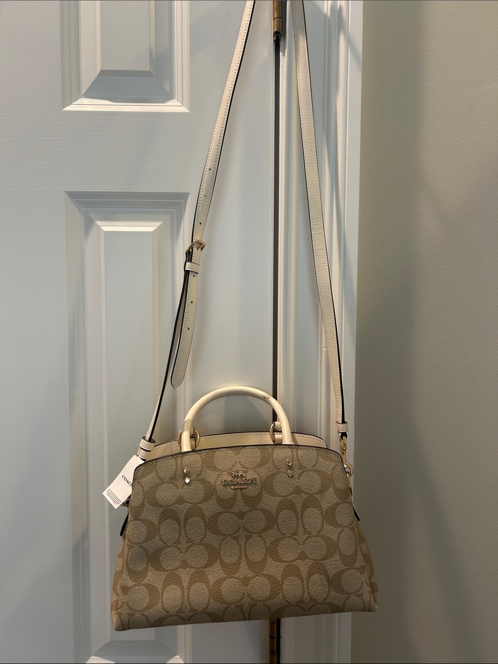 Coach Khaki Signature Canvas Dome Satchel with Chalk Trim